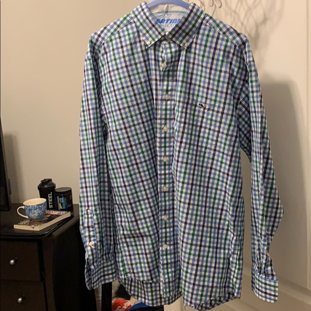 Vineyard Vine Checked Button Down Green Blue Black - image 1